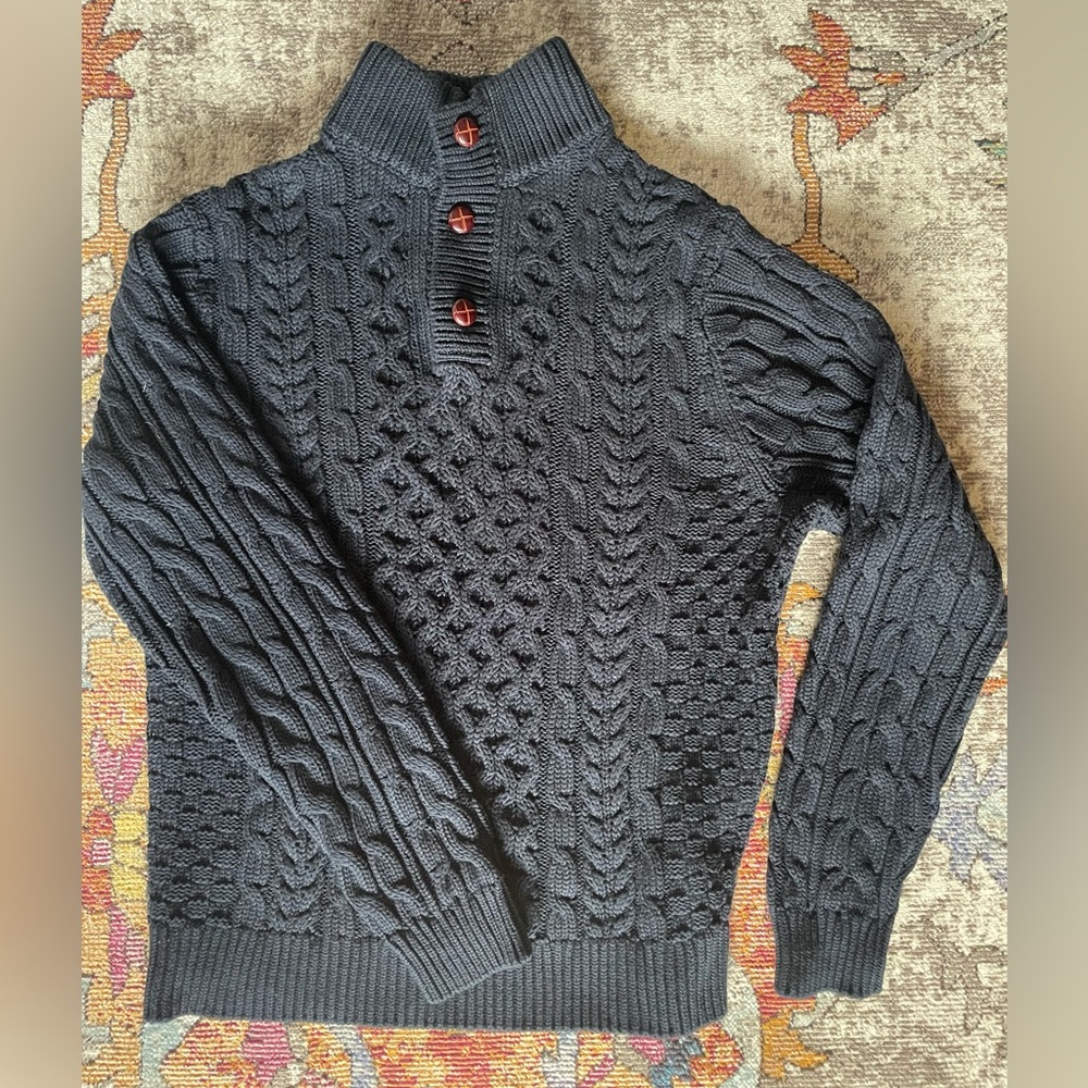 L.L.Bean Men’s Nautical Navy 3 Button Cable Knit Pullover Sweater